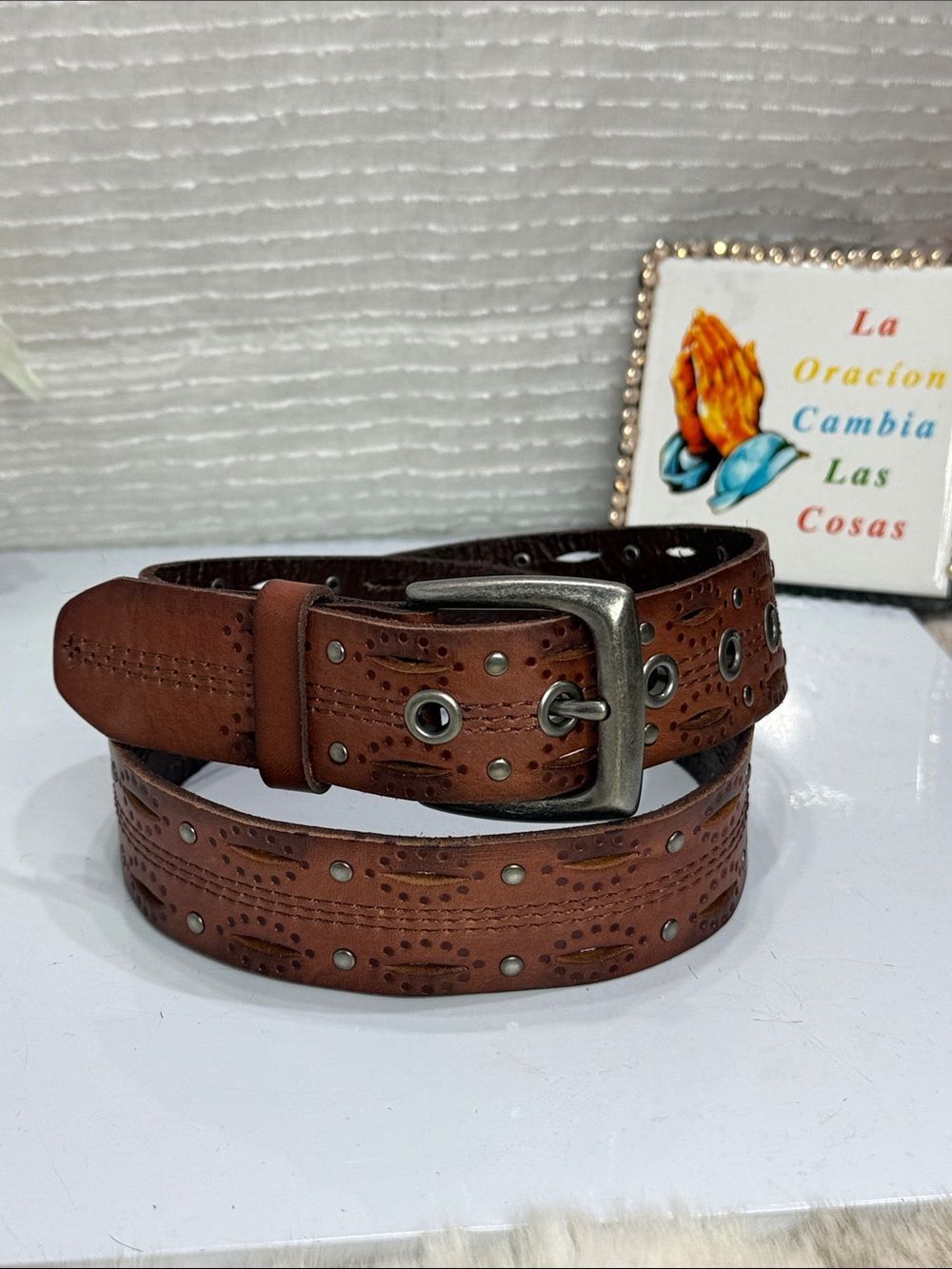 (H) Carhartt,Unisex vintage brown leather belt with perforated details and studs